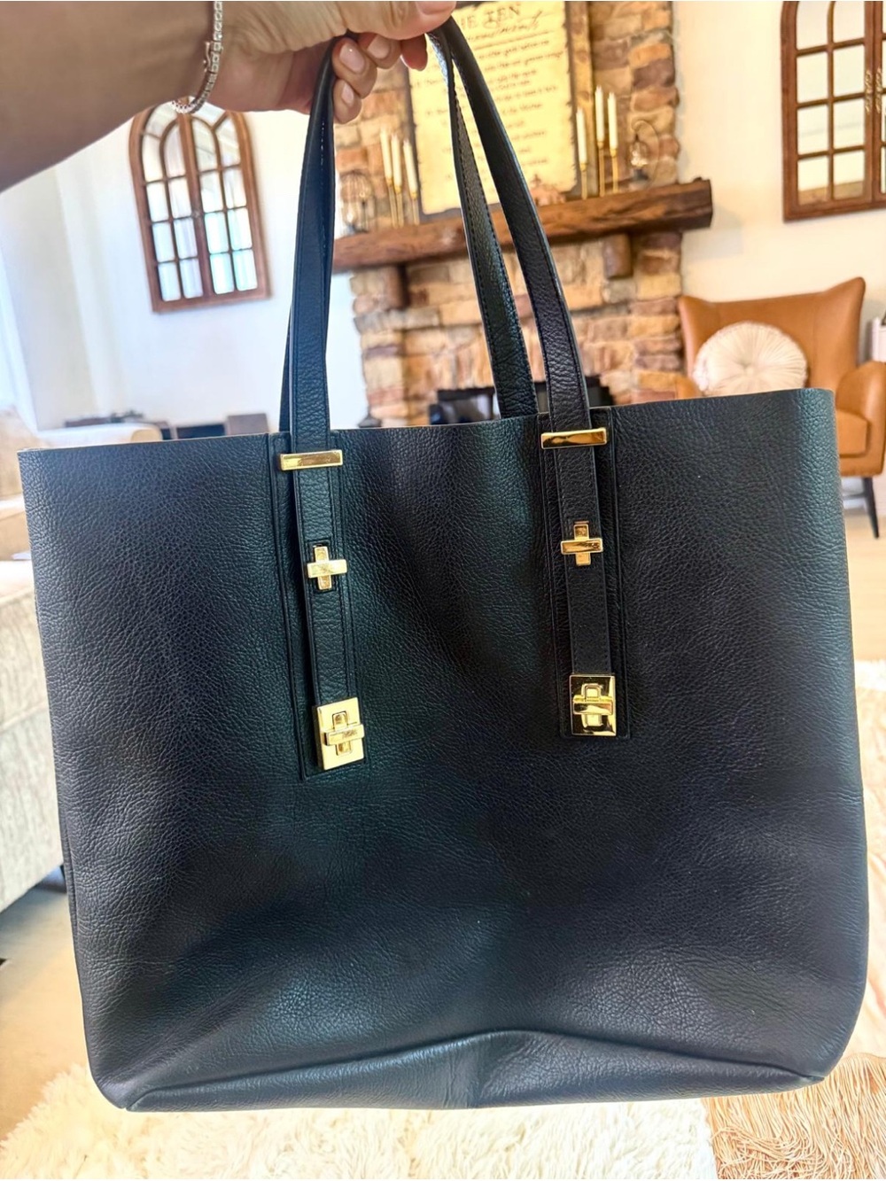 India Hicks Structured Black Leather Tote with Gold Accent Hardware